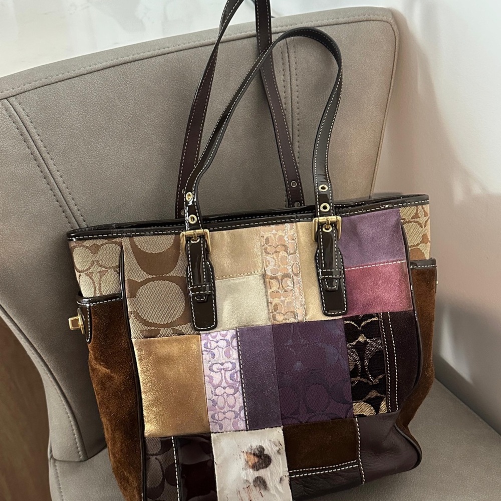 Coach Holiday Patchwork Purple Leopard Tote Bag